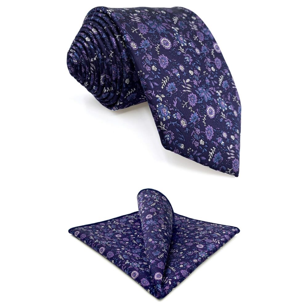9336 Purple Plum Necktie and Pocket Square Set Floral Elegant for Party